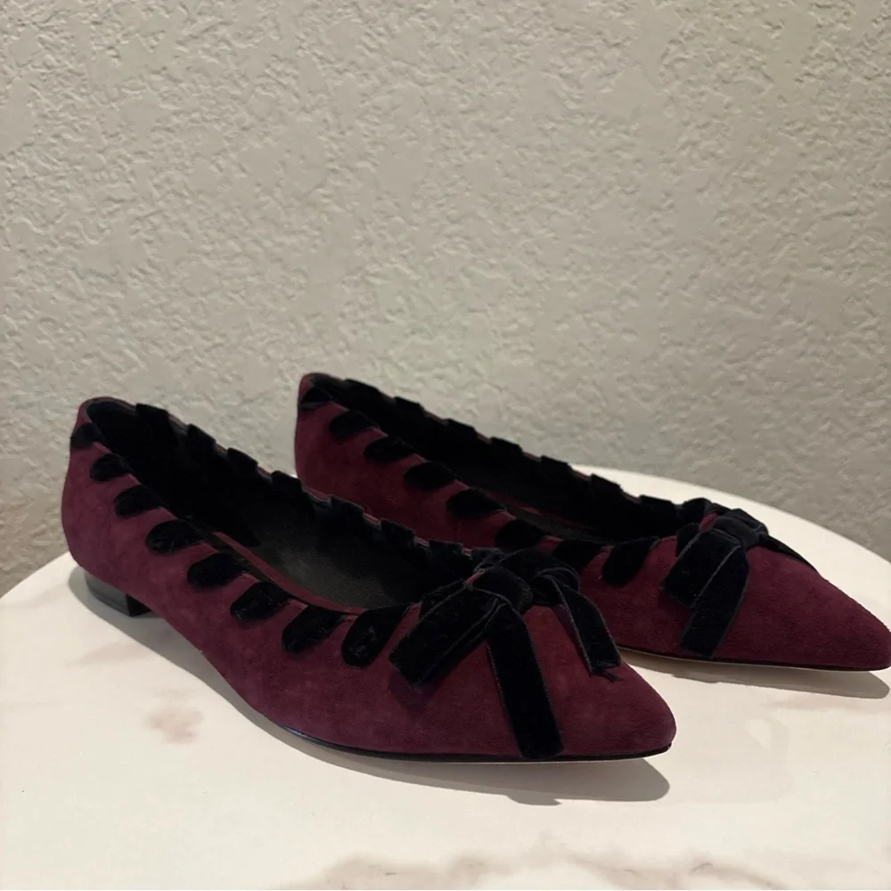 kate spade Burgundy Suede Pointed-Toe Flats with Black Ribbon Trim